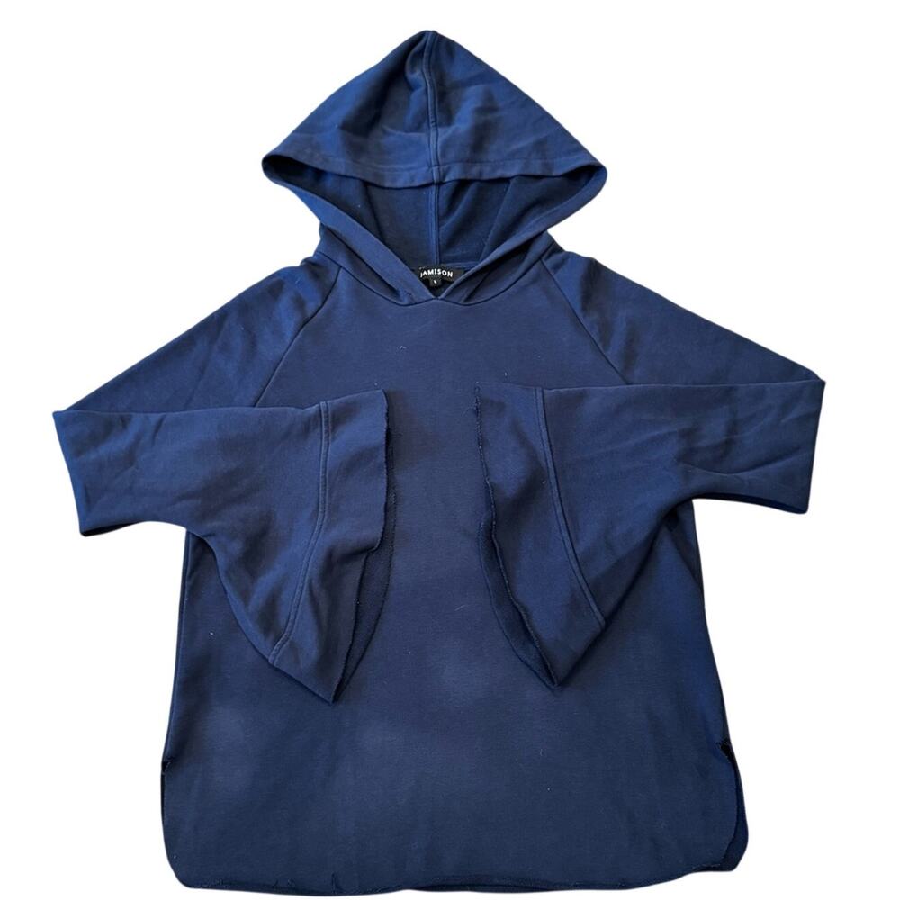 Evereve Jamison Bell Sleeve Navy Hoodie Cotton Blend Raw Hem Size Large